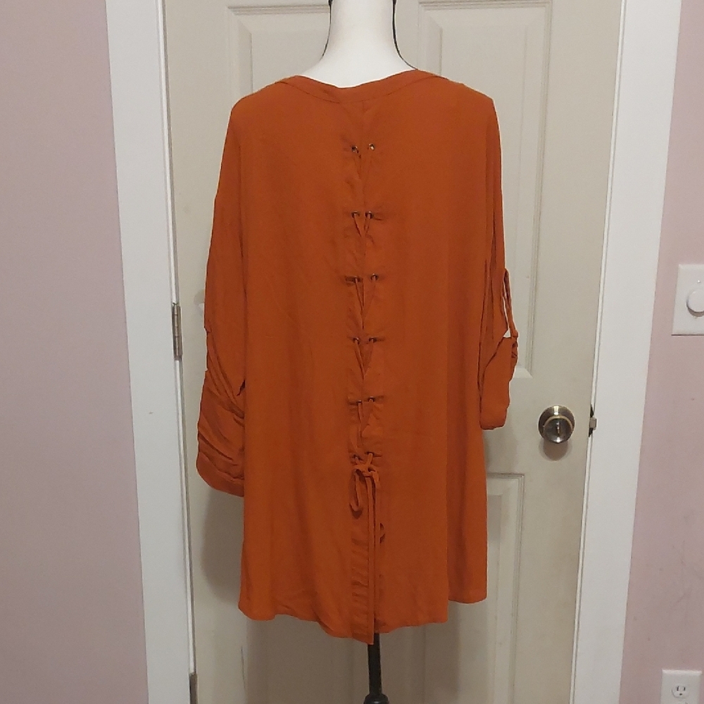 Umgee Fall Autumn Burnt Sienna Lace Down High Low Tunic Top